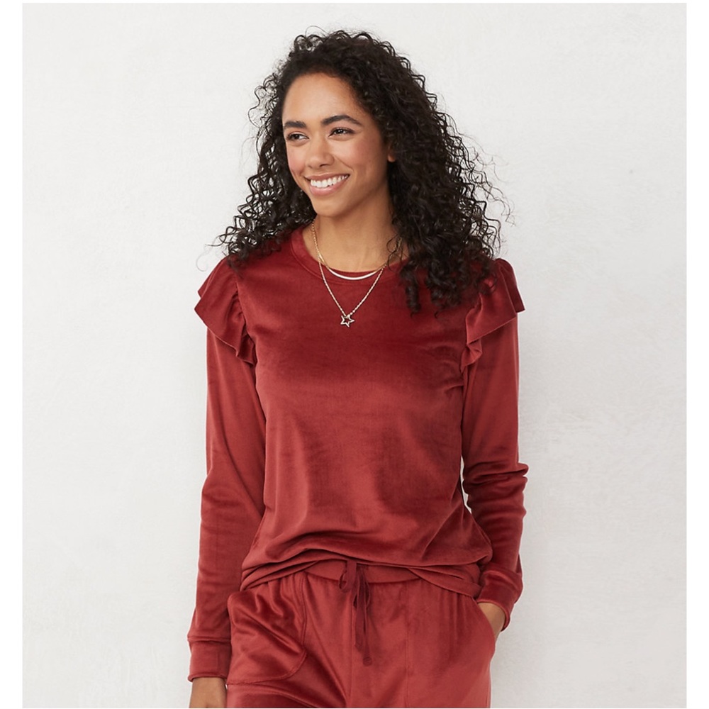 NWT LC Lauren Conrad Ruffle Shoulder Sweatshirt Cinnamon Rust Size XS